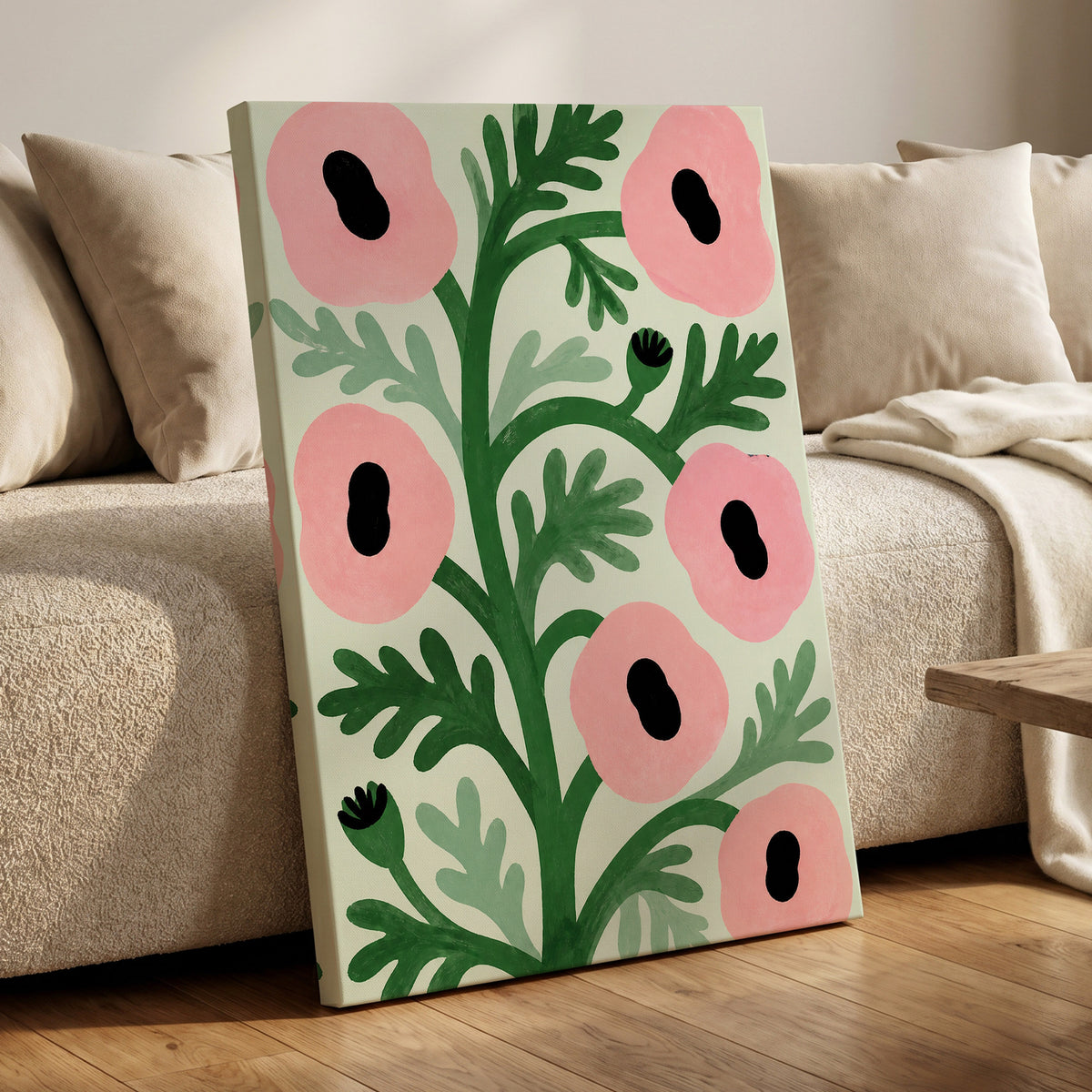 Pink Petal Rhythm, pink, green, black floral wall art displayed in a styled interior, gallery view 3