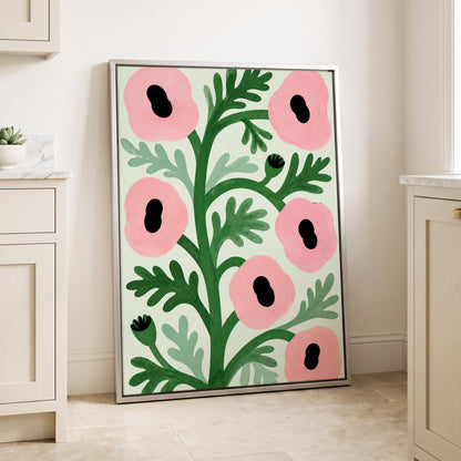 Pink Petal Rhythm, pink, green, black floral wall art displayed in a styled interior, gallery view 4