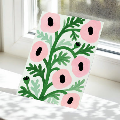 Pink Petal Rhythm, pink, green, black floral wall art displayed in a styled interior, gallery view 5