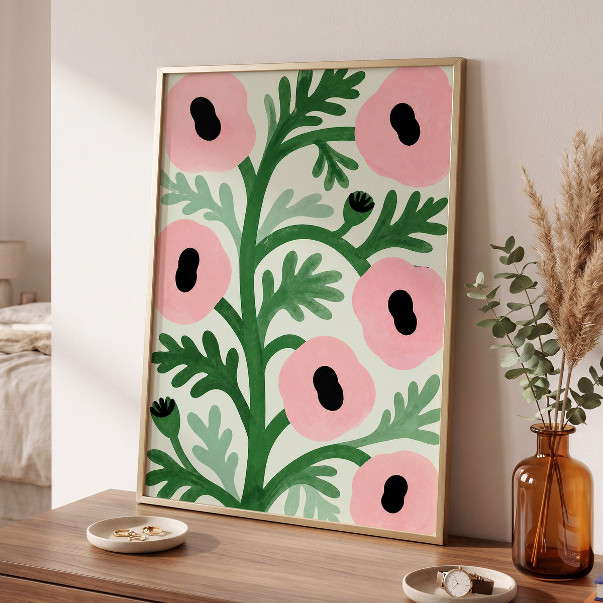 Pink Petal Rhythm, pink, green, black floral wall art displayed in a styled interior, gallery view 6