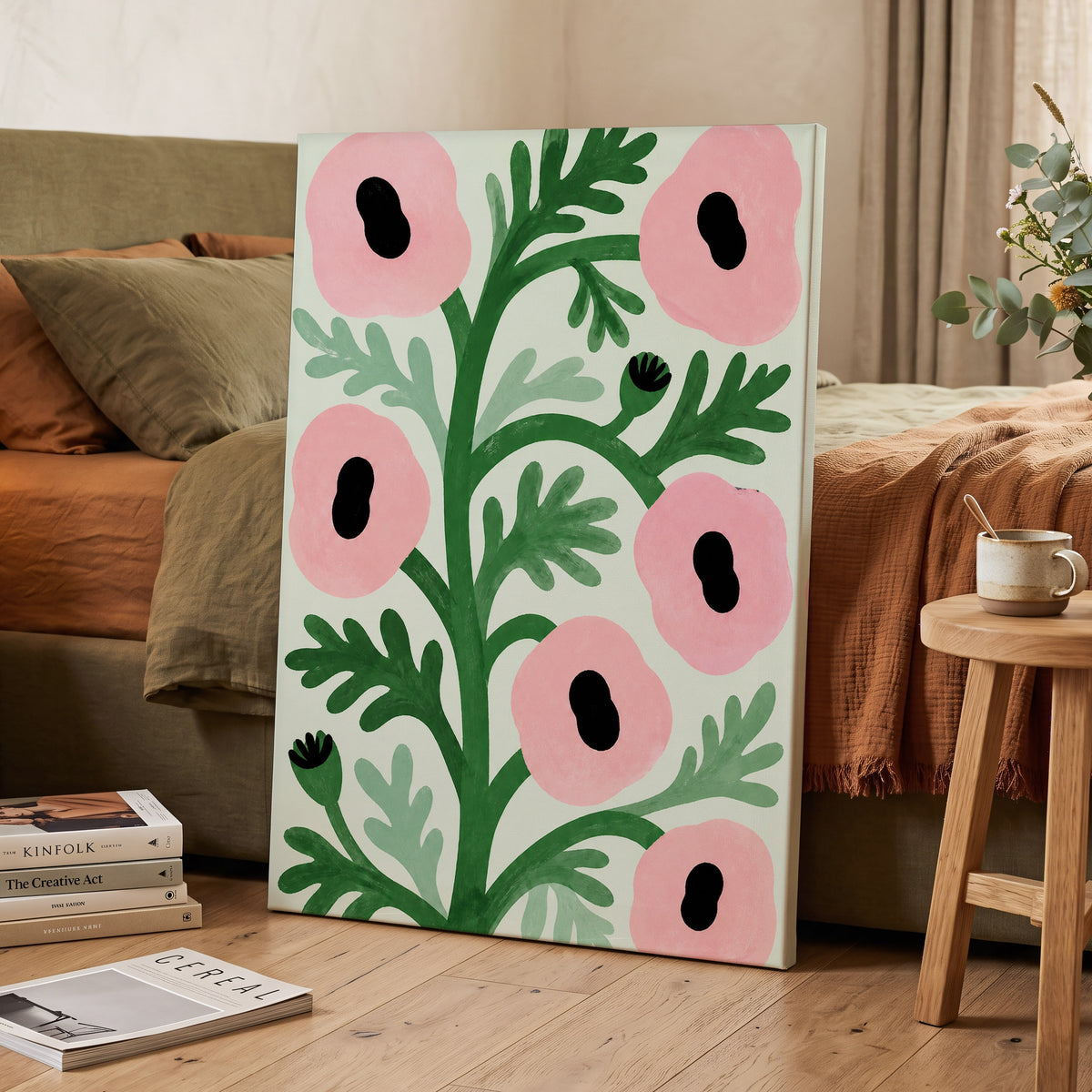 Pink Petal Rhythm, pink, green, black floral wall art displayed in a styled interior, gallery view 7