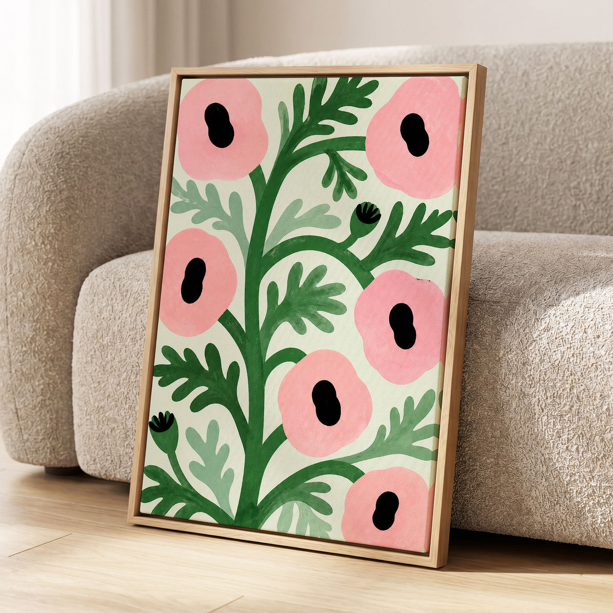 Pink Petal Rhythm, pink, green, black floral wall art displayed in a styled interior, gallery view 8