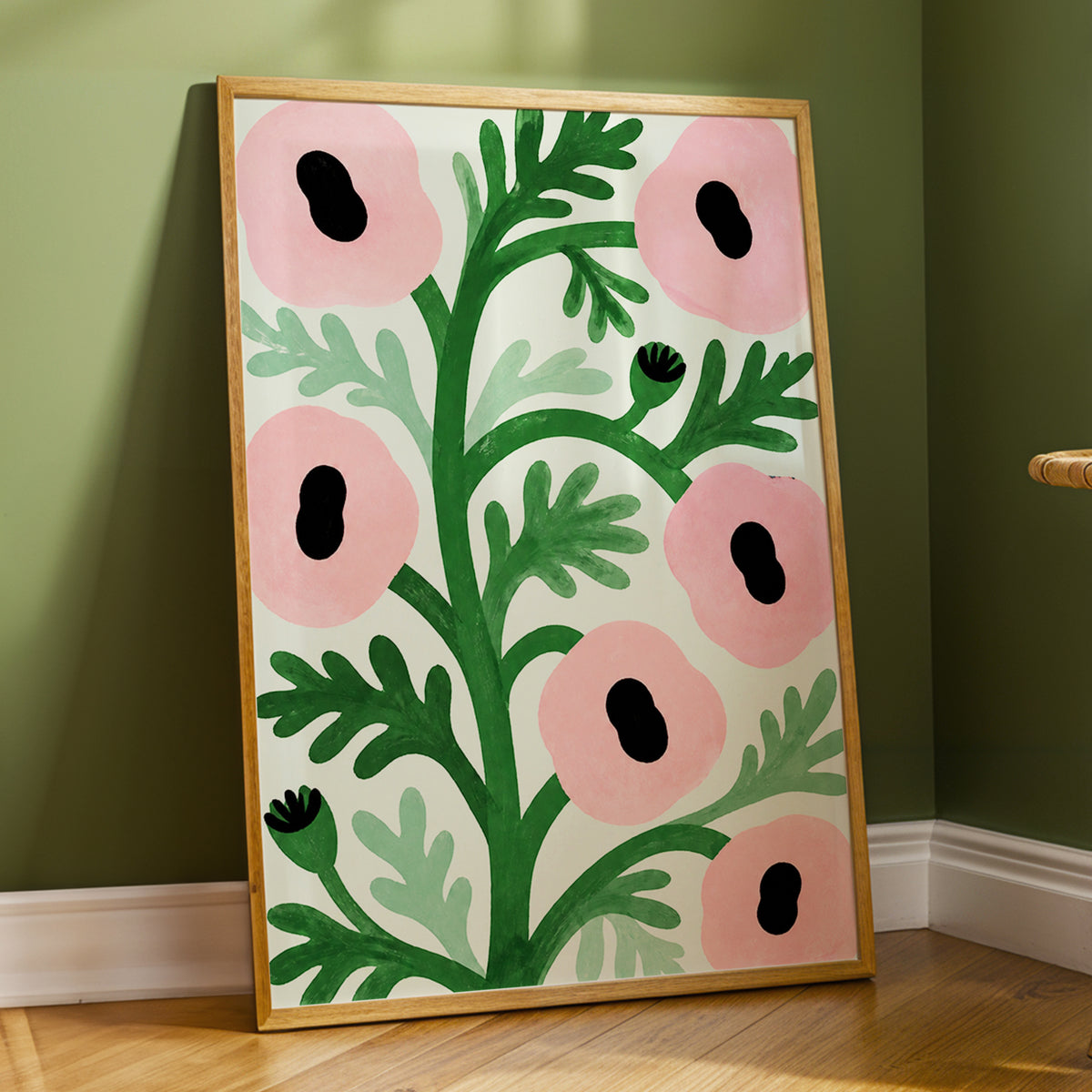 Pink Petal Rhythm, pink, green, black floral wall art displayed in a styled interior, gallery view 9