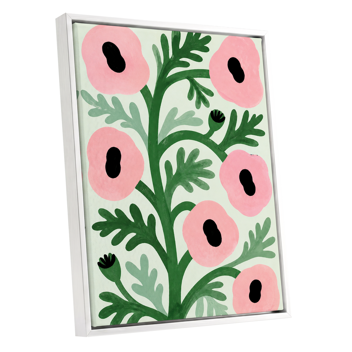 Pink Petal Rhythm, pink, green, black floral wall art shown as a white framed canvas wall art