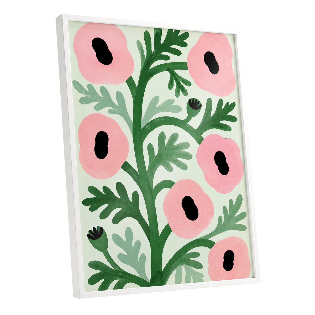 Pink Petal Rhythm, pink, green, black floral wall art shown as a white framed poster wall art print