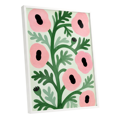 Pink Petal Rhythm, pink, green, black floral wall art shown as a white framed poster wall art print