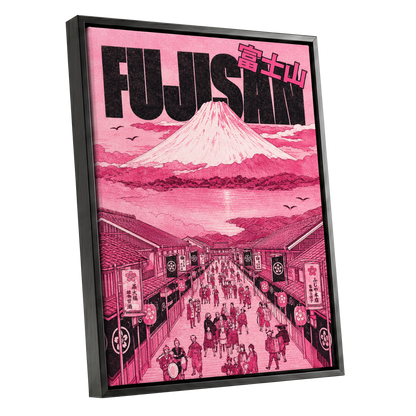 Pink Skies over Fuji, pink, black, white abstract wall art shown as a black framed canvas wall art