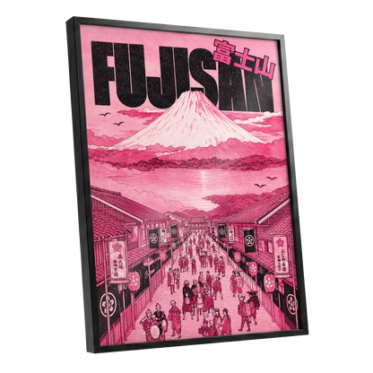 Pink Skies over Fuji, pink, black, white abstract wall art shown as a black framed poster wall art print