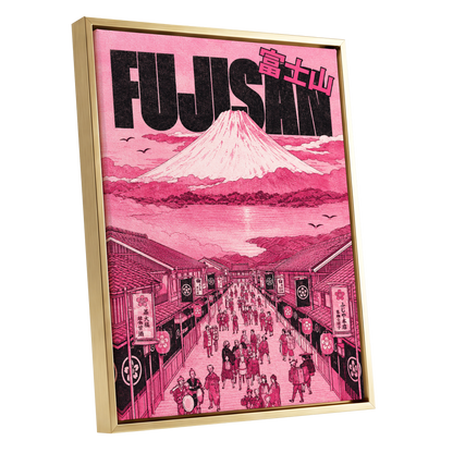 Pink Skies over Fuji, pink, black, white abstract wall art shown as a gold framed canvas wall art