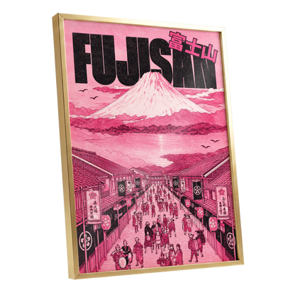 Pink Skies over Fuji, pink, black, white abstract wall art shown as a gold framed poster wall art print