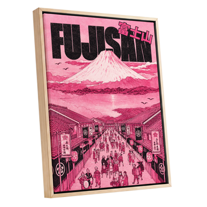 Pink Skies over Fuji, pink, black, white abstract wall art shown as a oak framed canvas wall art