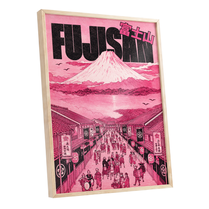 Pink Skies over Fuji, pink, black, white abstract wall art shown as a oak framed poster wall art print