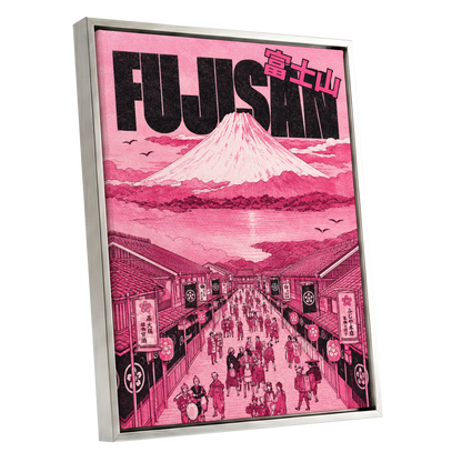 Pink Skies over Fuji, pink, black, white abstract wall art shown as a silver framed canvas wall art
