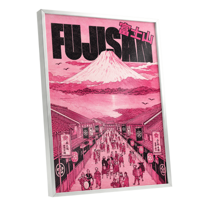Pink Skies over Fuji, pink, black, white abstract wall art shown as a silver framed poster wall art print