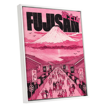 Pink Skies over Fuji, pink, black, white abstract wall art shown as a white framed canvas wall art