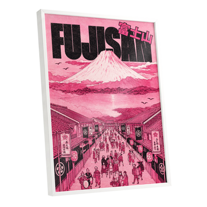 Pink Skies over Fuji, pink, black, white abstract wall art shown as a white framed poster wall art print