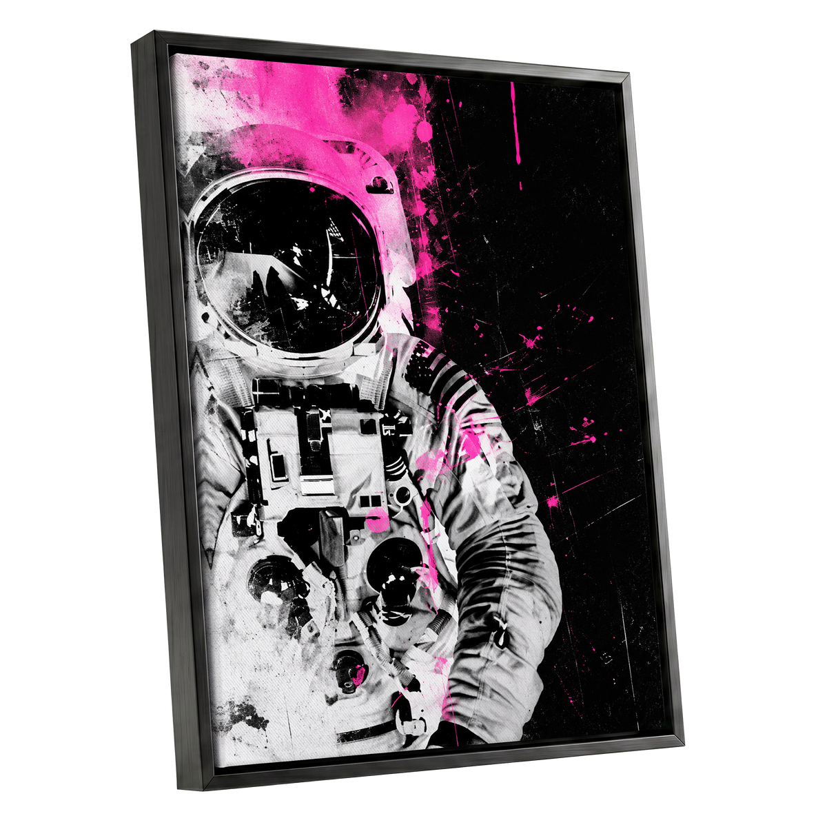 Pink Spacewalker, black, pink, white abstract wall art shown as a black framed canvas wall art