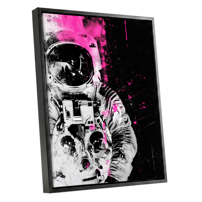 Pink Spacewalker, black, pink, white abstract wall art shown as a black framed canvas wall art