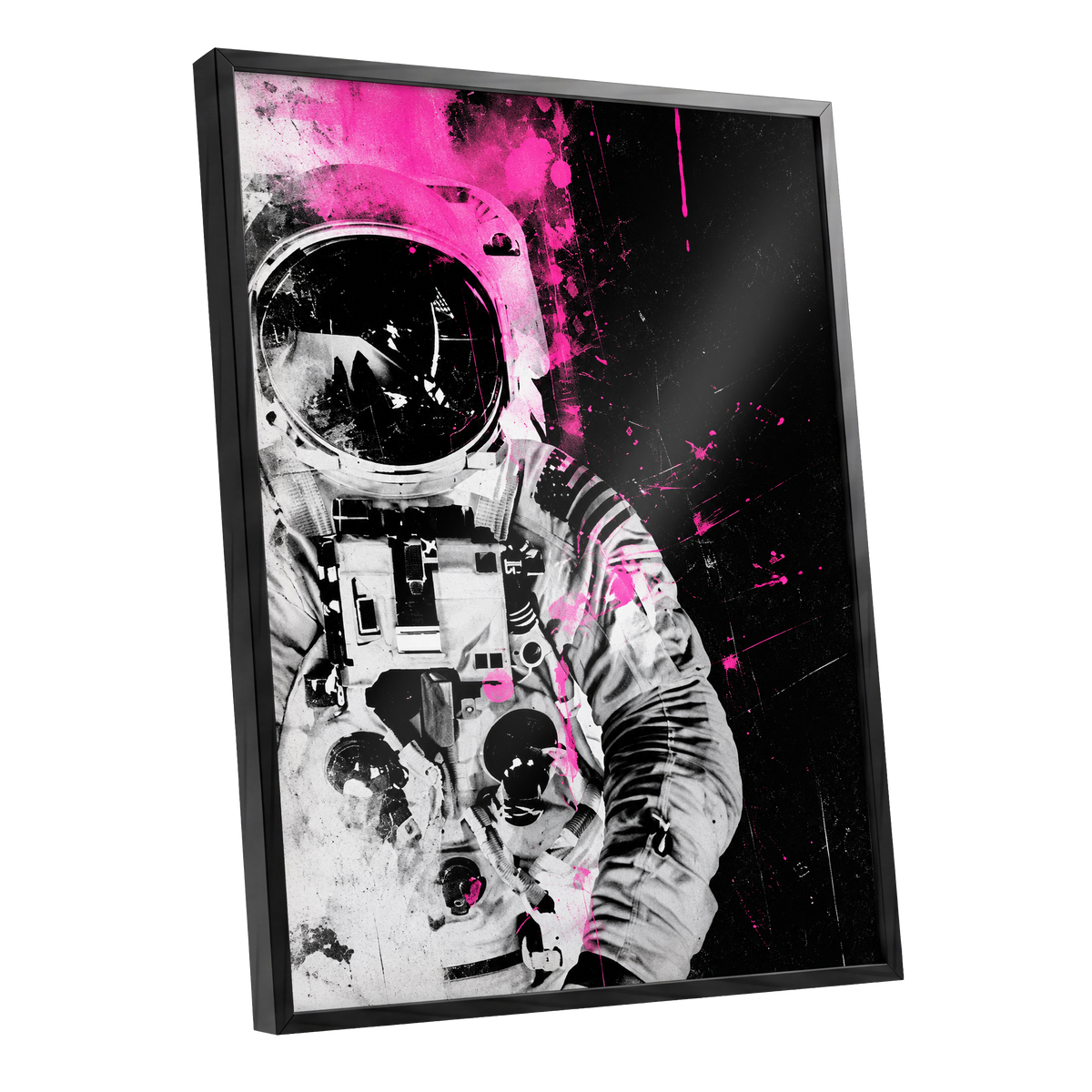 Pink Spacewalker, black, pink, white abstract wall art shown as a black framed poster wall art print