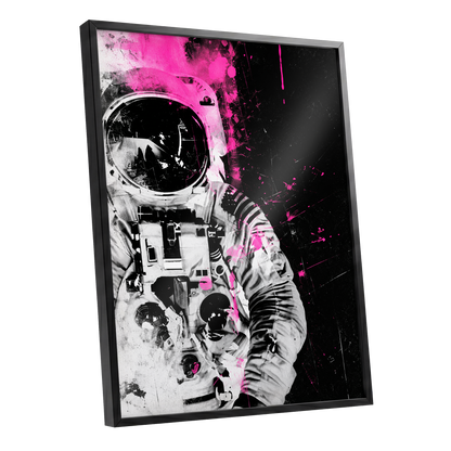 Pink Spacewalker, black, pink, white abstract wall art shown as a black framed poster wall art print
