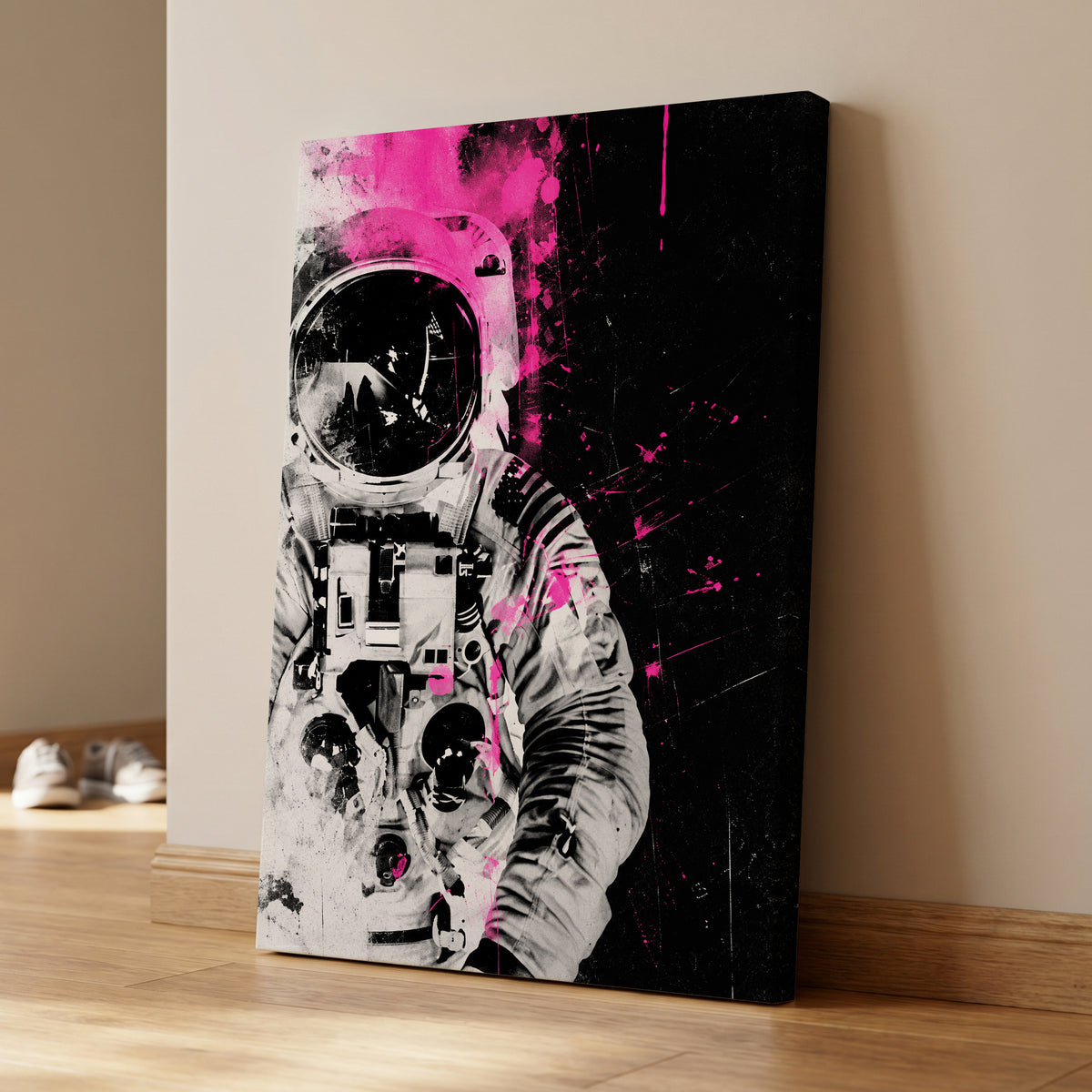 Pink Spacewalker, black, pink, white abstract wall art on canvas displayed in a styled interior, gallery view 1