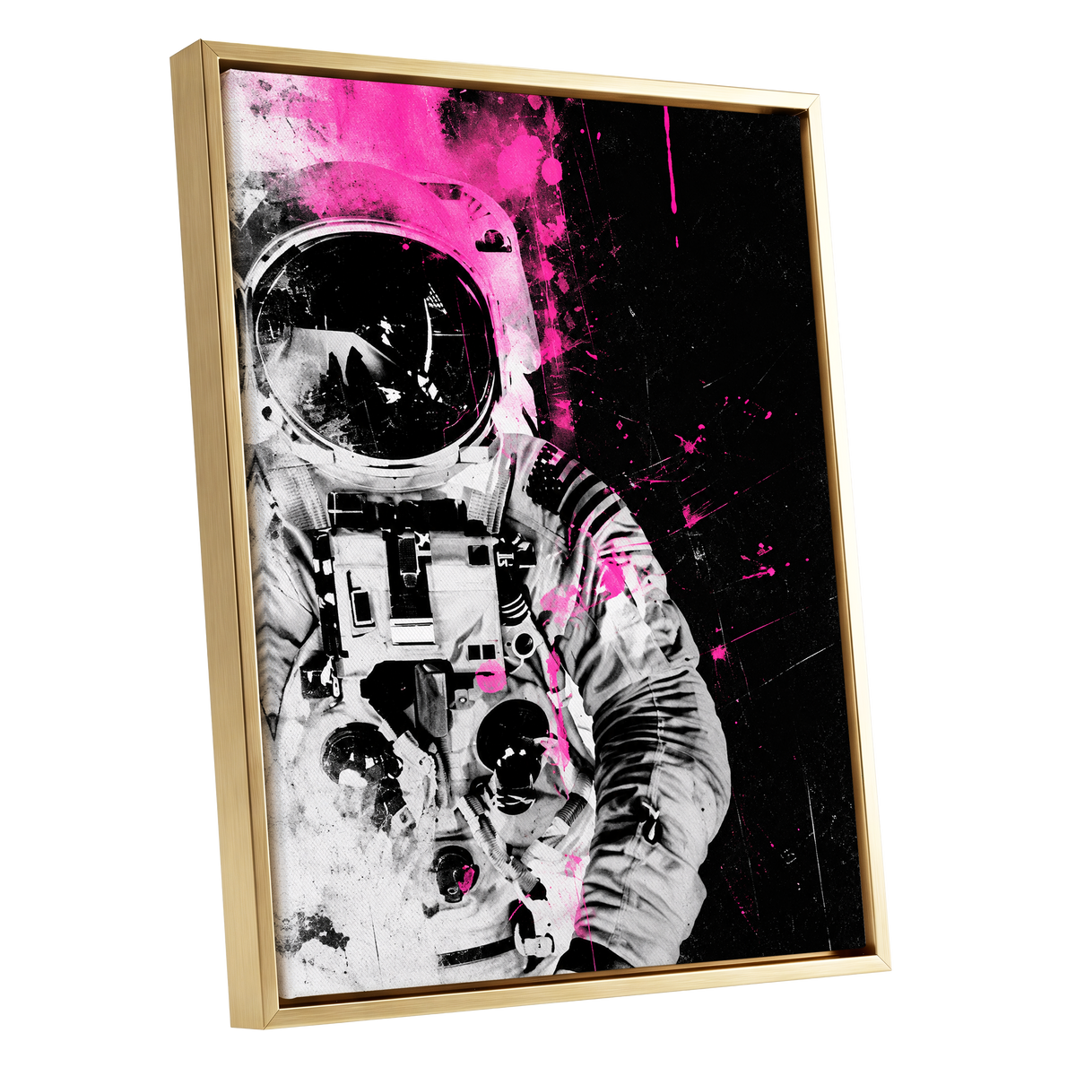 Pink Spacewalker, black, pink, white abstract wall art shown as a gold framed canvas wall art