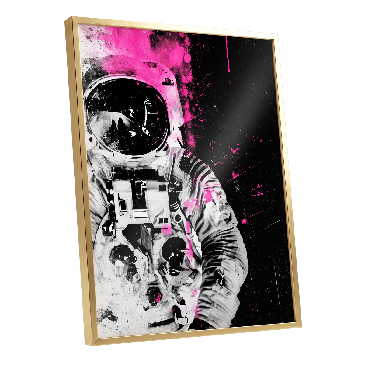 Pink Spacewalker, black, pink, white abstract wall art shown as a gold framed poster wall art print