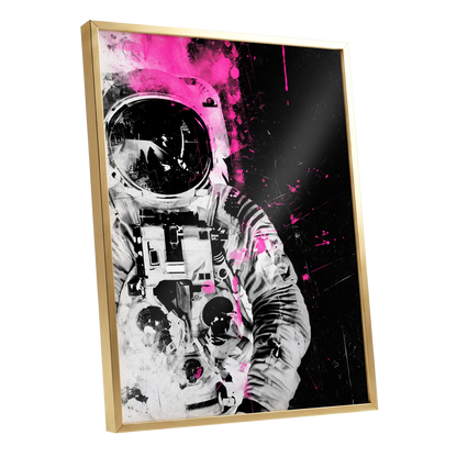 Pink Spacewalker, black, pink, white abstract wall art shown as a gold framed poster wall art print