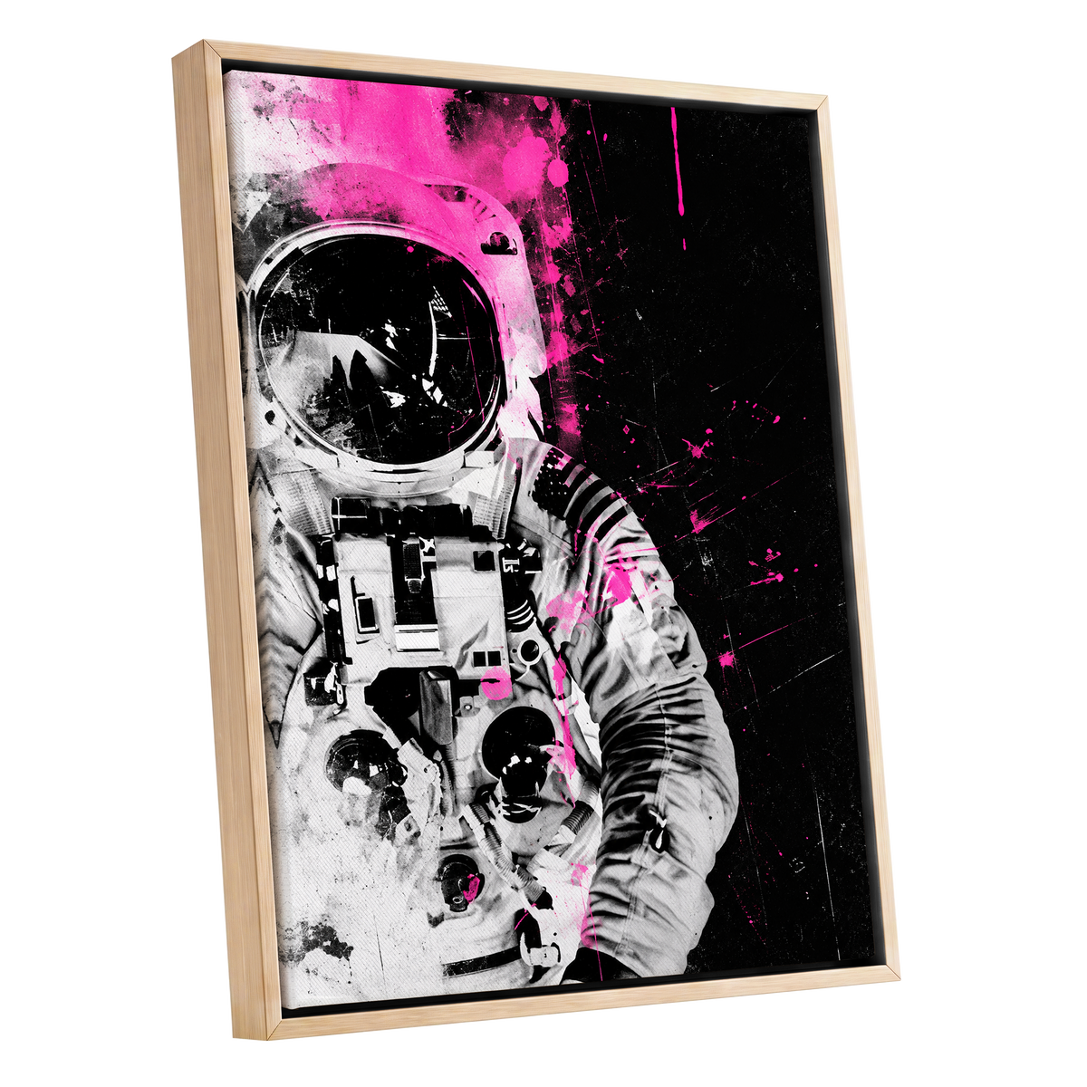 Pink Spacewalker, black, pink, white abstract wall art shown as a oak framed canvas wall art