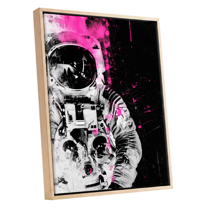 Pink Spacewalker, black, pink, white abstract wall art shown as a oak framed canvas wall art