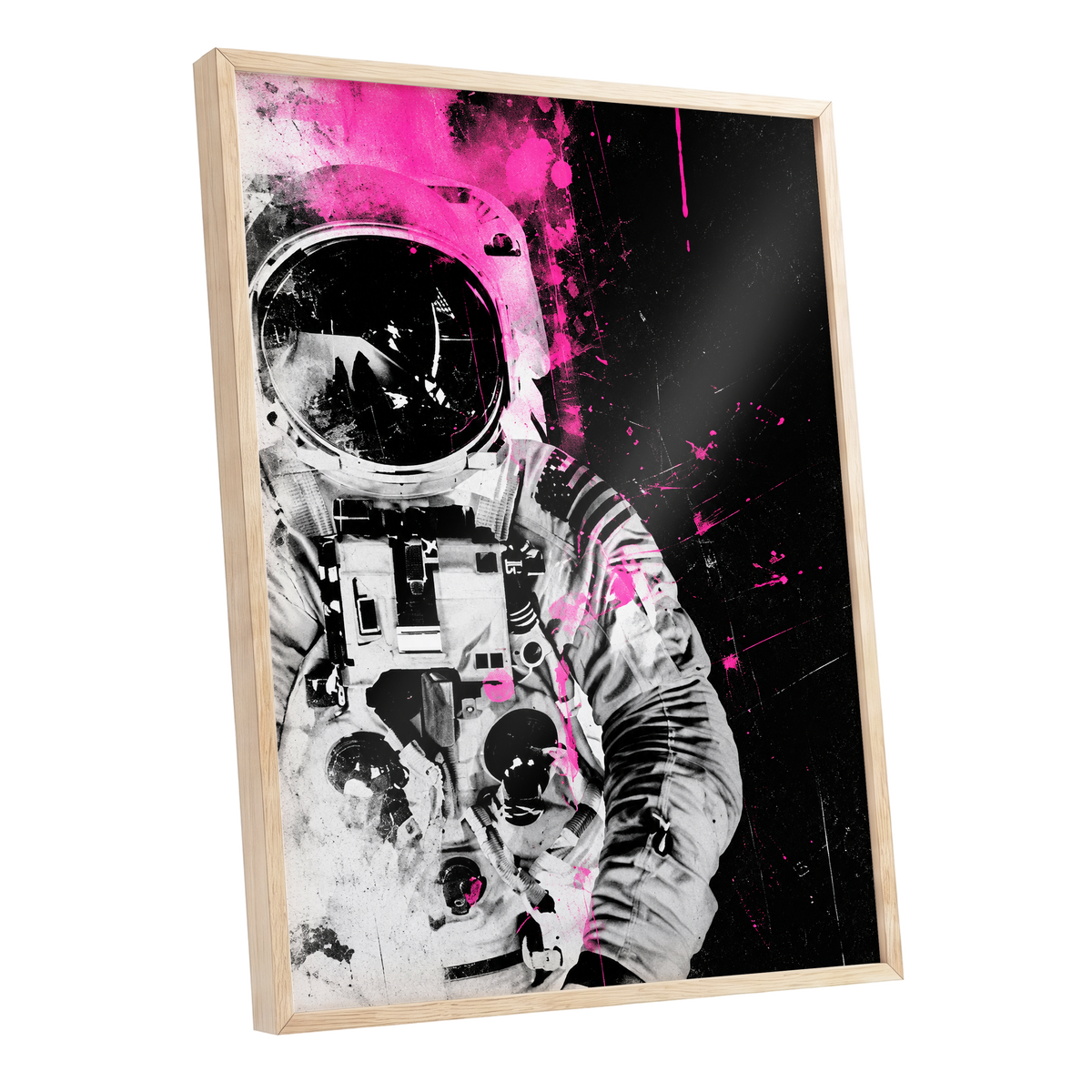 Pink Spacewalker, black, pink, white abstract wall art shown as a oak framed poster wall art print