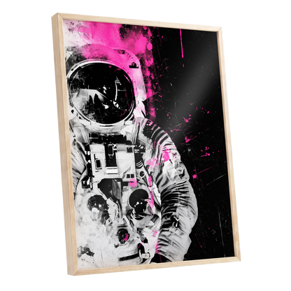 Pink Spacewalker, black, pink, white abstract wall art shown as a oak framed poster wall art print