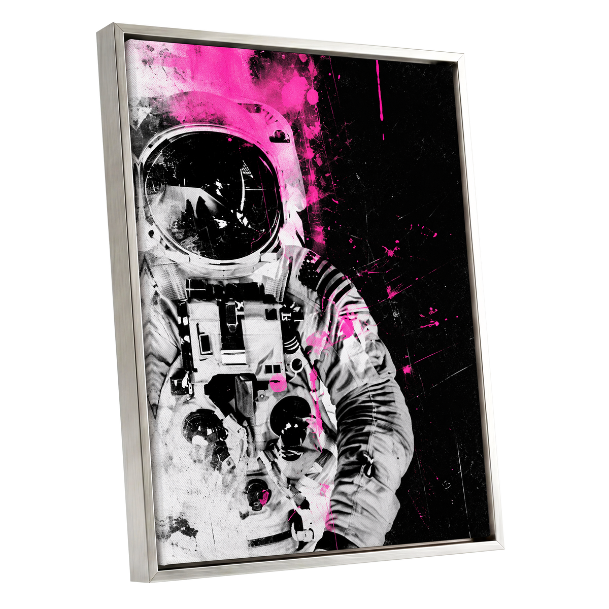 Pink Spacewalker, black, pink, white abstract wall art shown as a silver framed canvas wall art