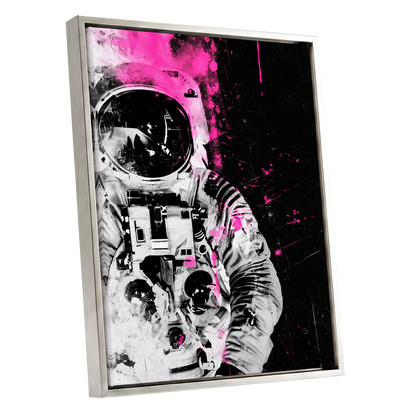 Pink Spacewalker, black, pink, white abstract wall art shown as a silver framed canvas wall art
