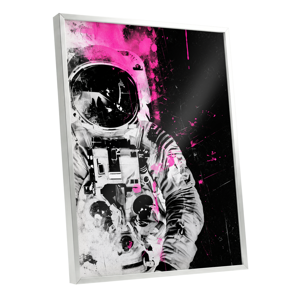 Pink Spacewalker, black, pink, white abstract wall art shown as a silver framed poster wall art print