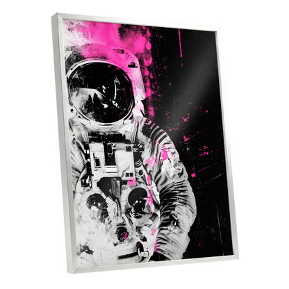Pink Spacewalker, black, pink, white abstract wall art shown as a silver framed poster wall art print