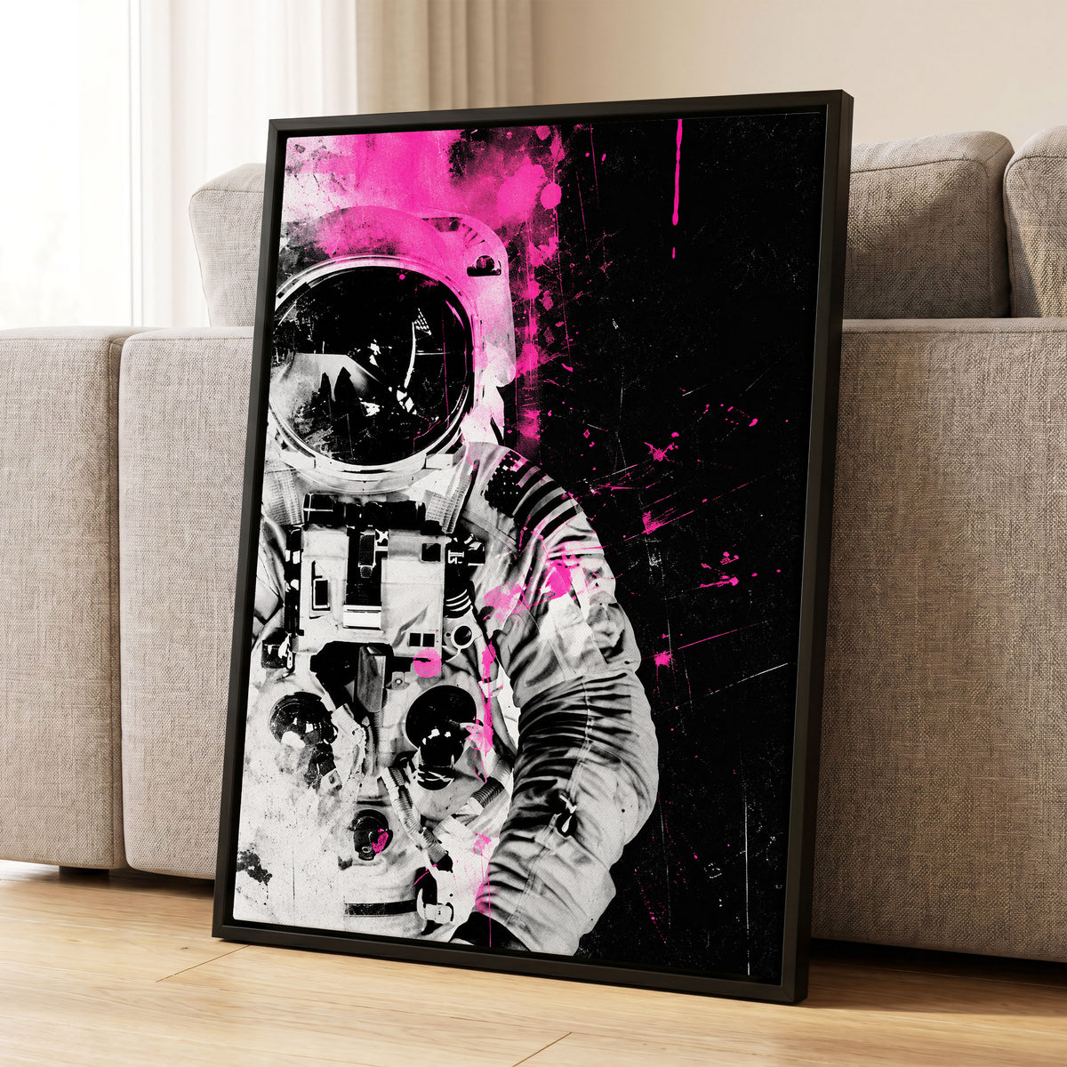 Pink Spacewalker, black, pink, white abstract wall art displayed in a styled interior, gallery view 1