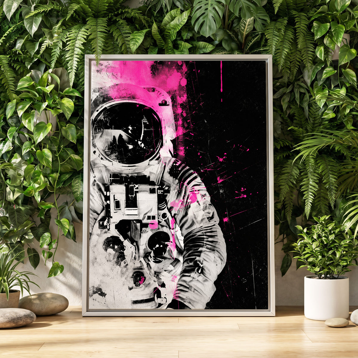 Pink Spacewalker, black, pink, white abstract wall art displayed in a styled interior, gallery view 2