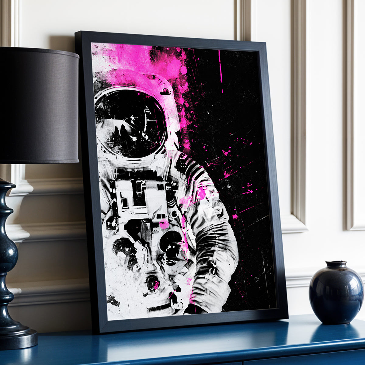 Pink Spacewalker, black, pink, white abstract wall art displayed in a styled interior, gallery view 3