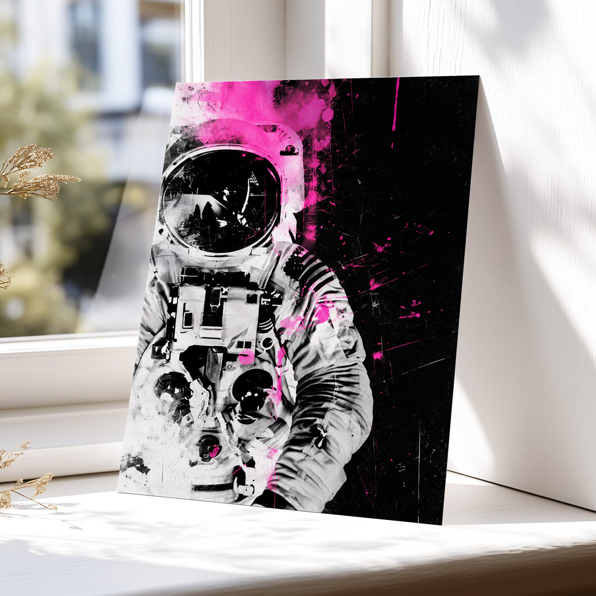 Pink Spacewalker, black, pink, white abstract wall art displayed in a styled interior, gallery view 5