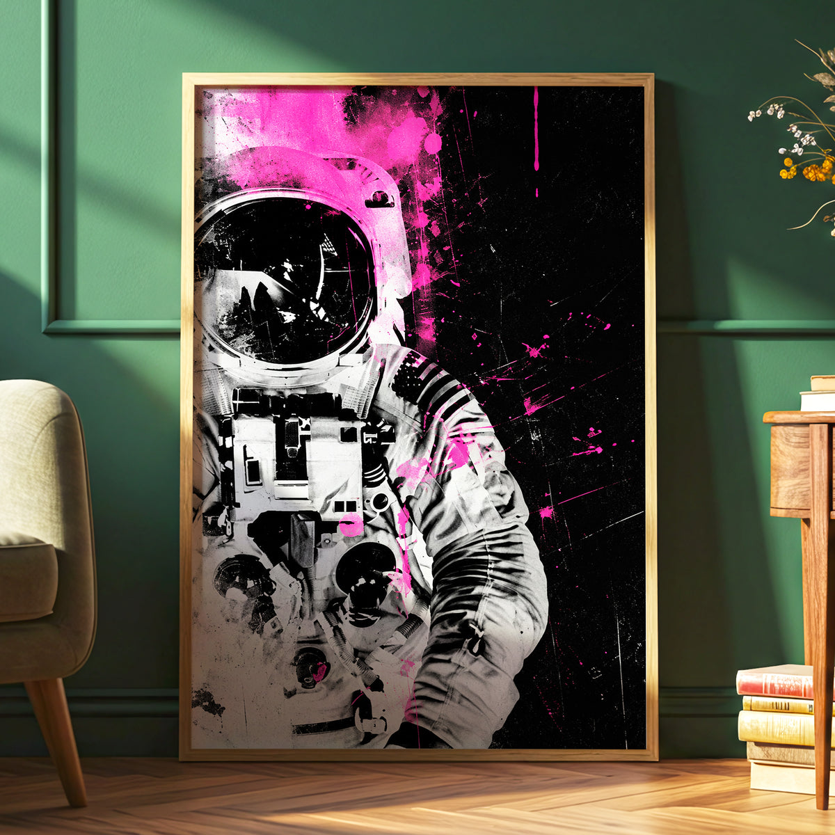 Pink Spacewalker, black, pink, white abstract wall art displayed in a styled interior, gallery view 6