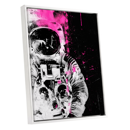 Pink Spacewalker, black, pink, white abstract wall art shown as a white framed canvas wall art