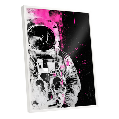 Pink Spacewalker, black, pink, white abstract wall art shown as a white framed poster wall art print