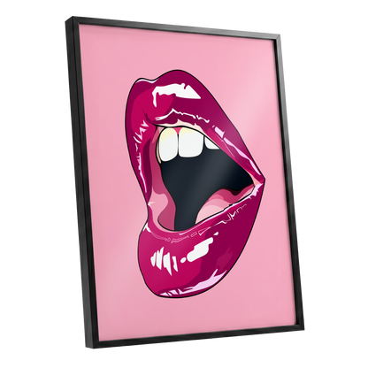Pink Voltage, pink, purple, black minimalist wall art shown as a black framed poster wall art print