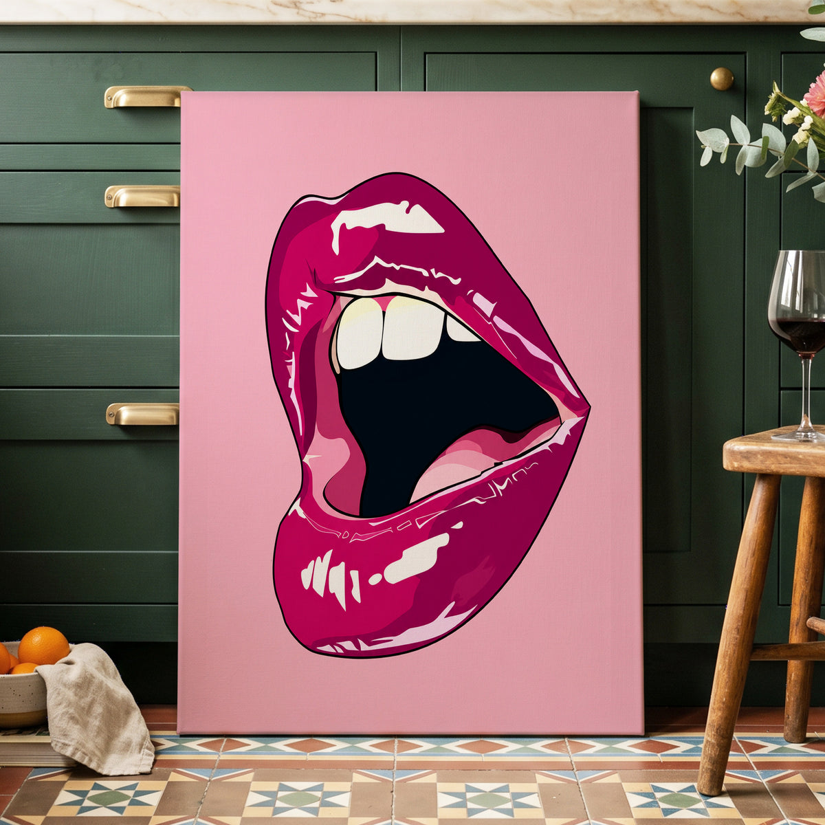 Pink Voltage, pink, purple, black minimalist wall art on canvas displayed in a styled interior, gallery view 1