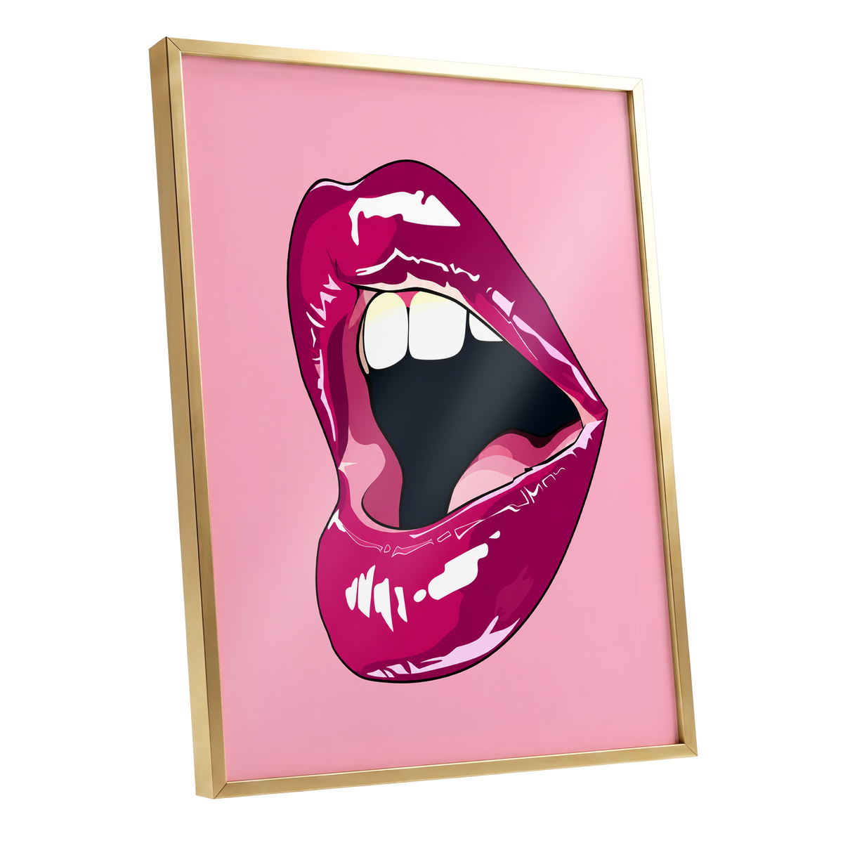 Pink Voltage, pink, purple, black minimalist wall art shown as a gold framed poster wall art print