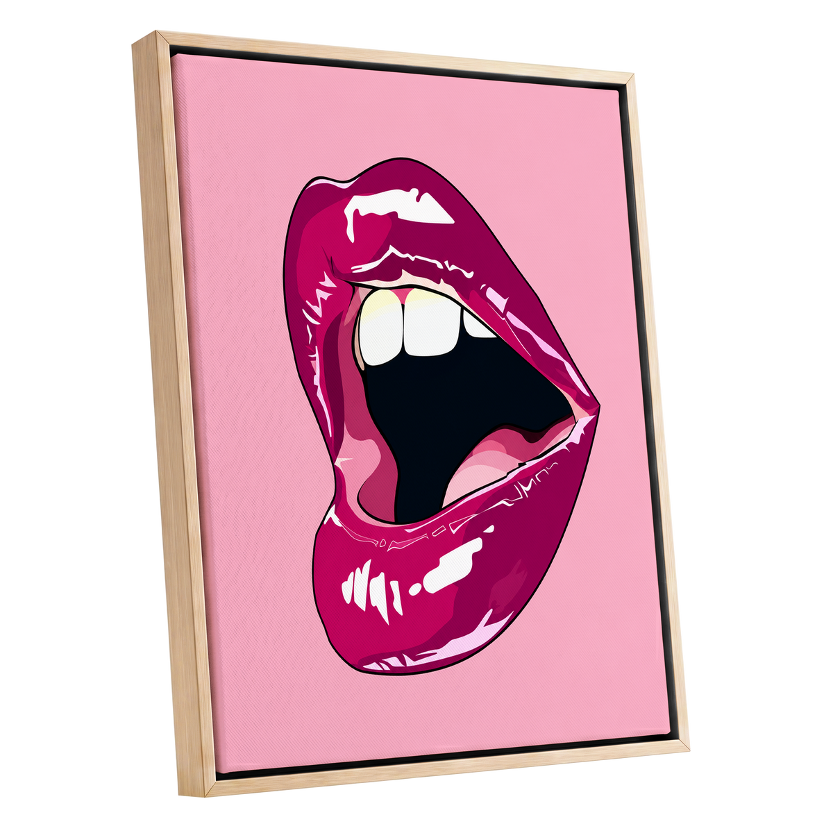 Pink Voltage, pink, purple, black minimalist wall art shown as a oak framed canvas wall art