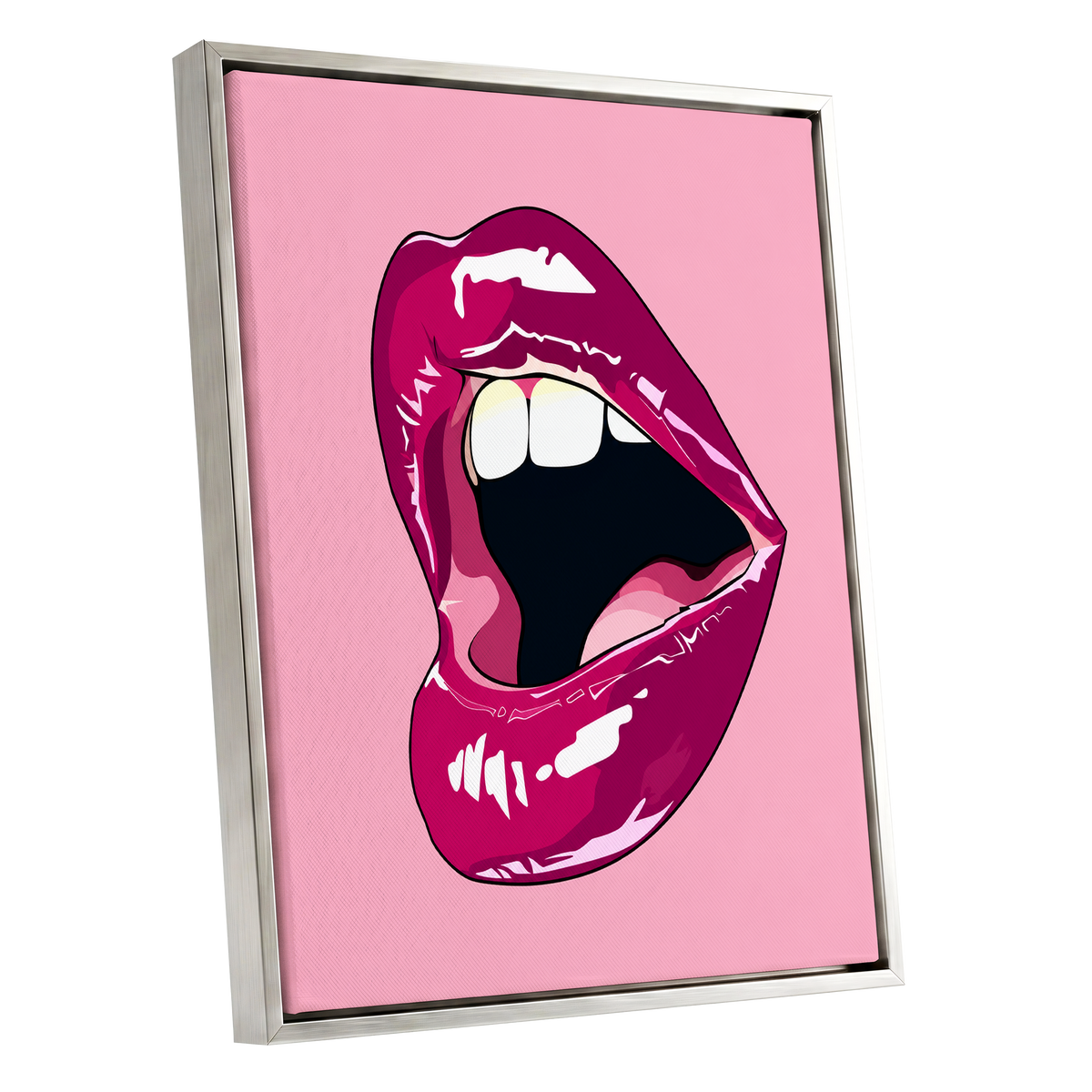 Pink Voltage, pink, purple, black minimalist wall art shown as a silver framed canvas wall art
