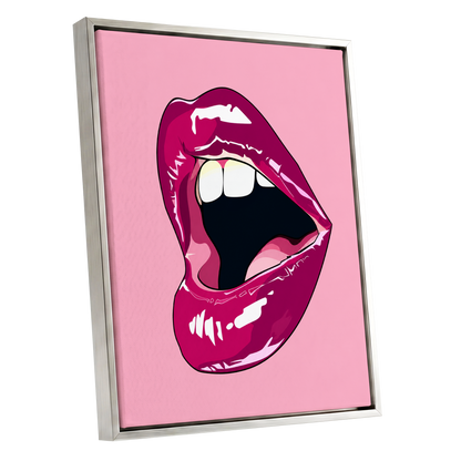 Pink Voltage, pink, purple, black minimalist wall art shown as a silver framed canvas wall art