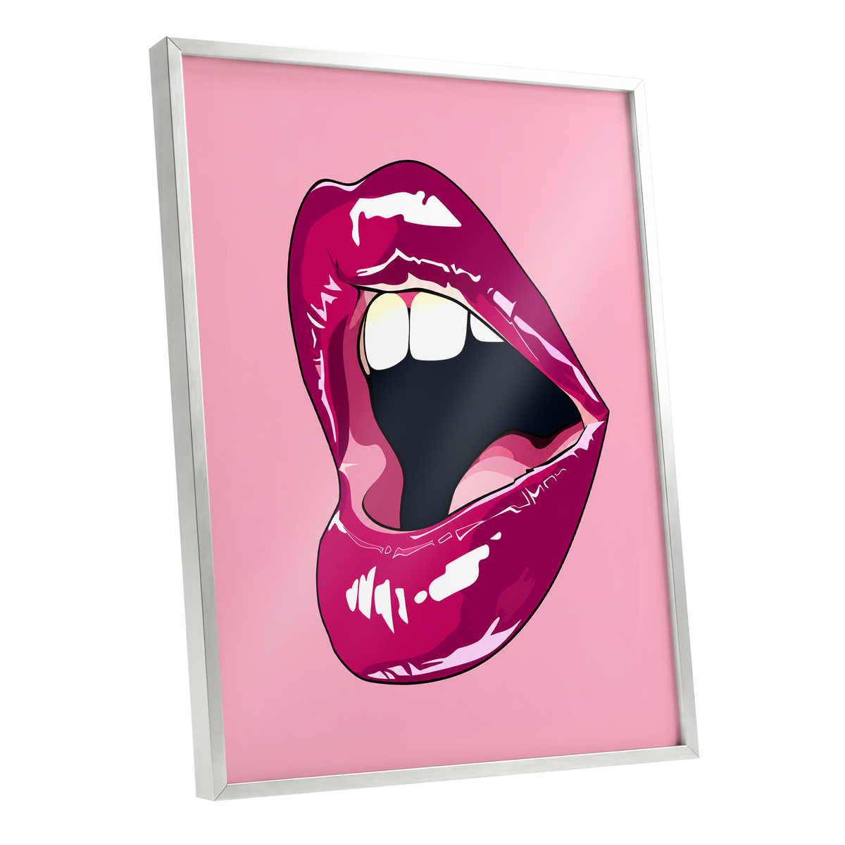 Pink Voltage, pink, purple, black minimalist wall art shown as a silver framed poster wall art print